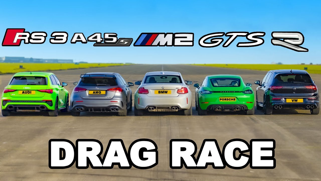 Carwow &ndash; Audi RS3 v AMG A45 v BMW M2 v Porsche Cayman GTS v VW Golf R: DRAG RACE